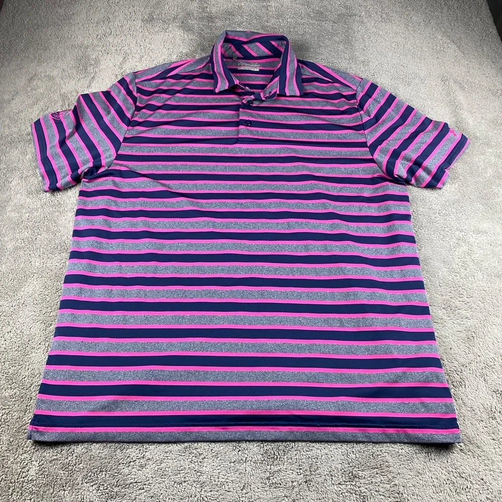 Adidas Polo Golf Top Loose Heatgear Shirt Mens XL Pink Gray Striped Logo